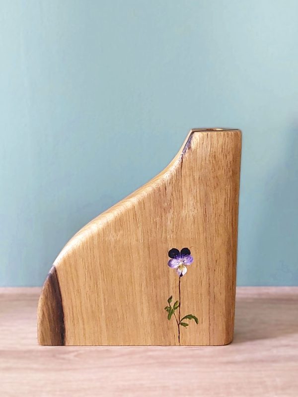 Soliflore en bois de Fraké, motif Pensée violette